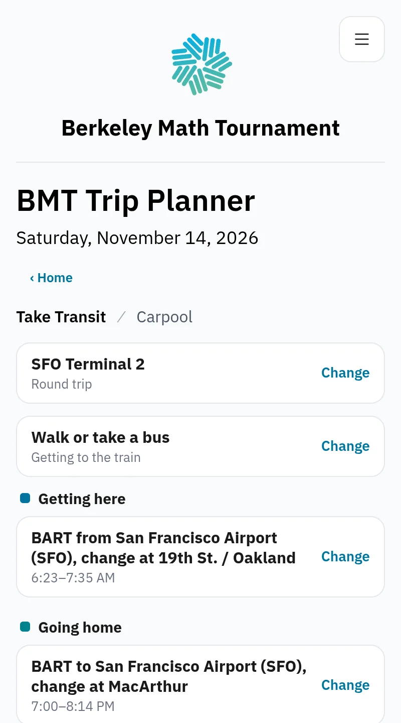 BMT Trip Planner showing a trip from SFO Terminal 2 to Dwinelle Hall